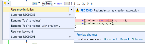A code fix appearing in Visual Studio